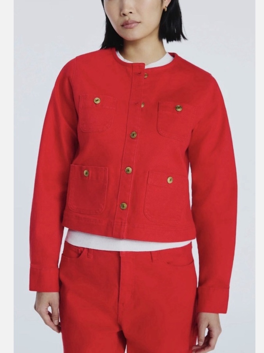 free assembly denim red crop jacket gold buttons women's Pocket Jacket XXL